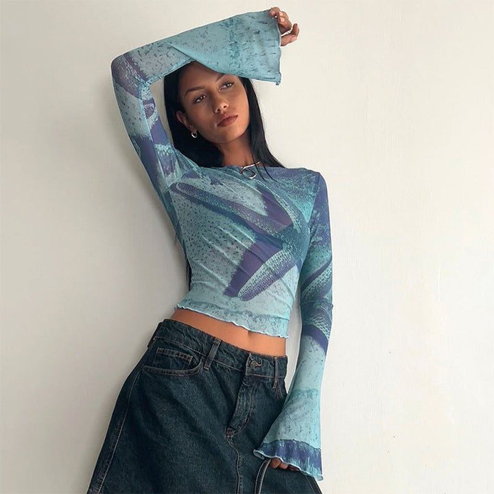 Fashion Trend Abstract Printing Bell Sleeve Short Top