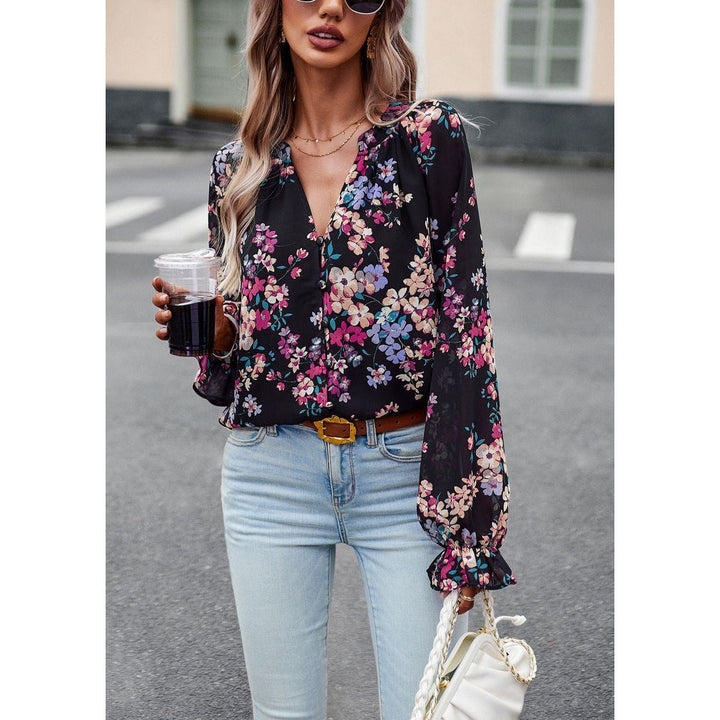 Women's Tops Casual Floral Print V Neck Long Sleeve Shirts Loose Chiffon Blouses Shirts Tops - Jointcorp
