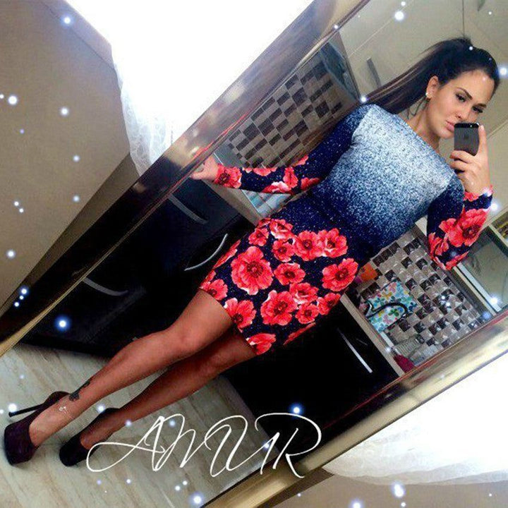 Women Dress O Neck Polka Dot Floral Print Pencil Dress Long Sleeve Bodycon Mini Night Club Party Dresses Vestido - Jointcorp