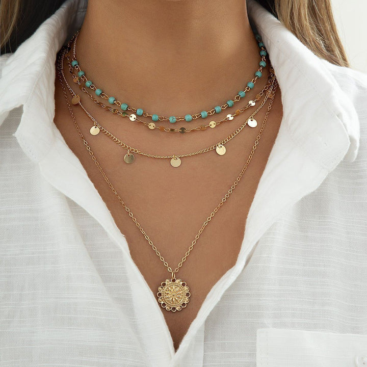 Simple Slim Chain Turquoise Beaded Flower Disk Pendant Necklace For Women - Jointcorp