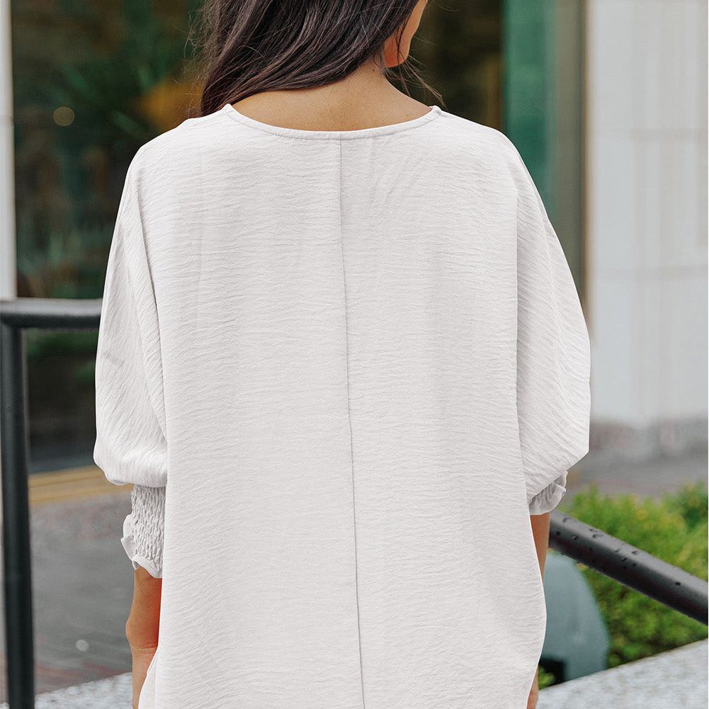White Plain & Casual Shirred Cuffs Half Sleeve Top