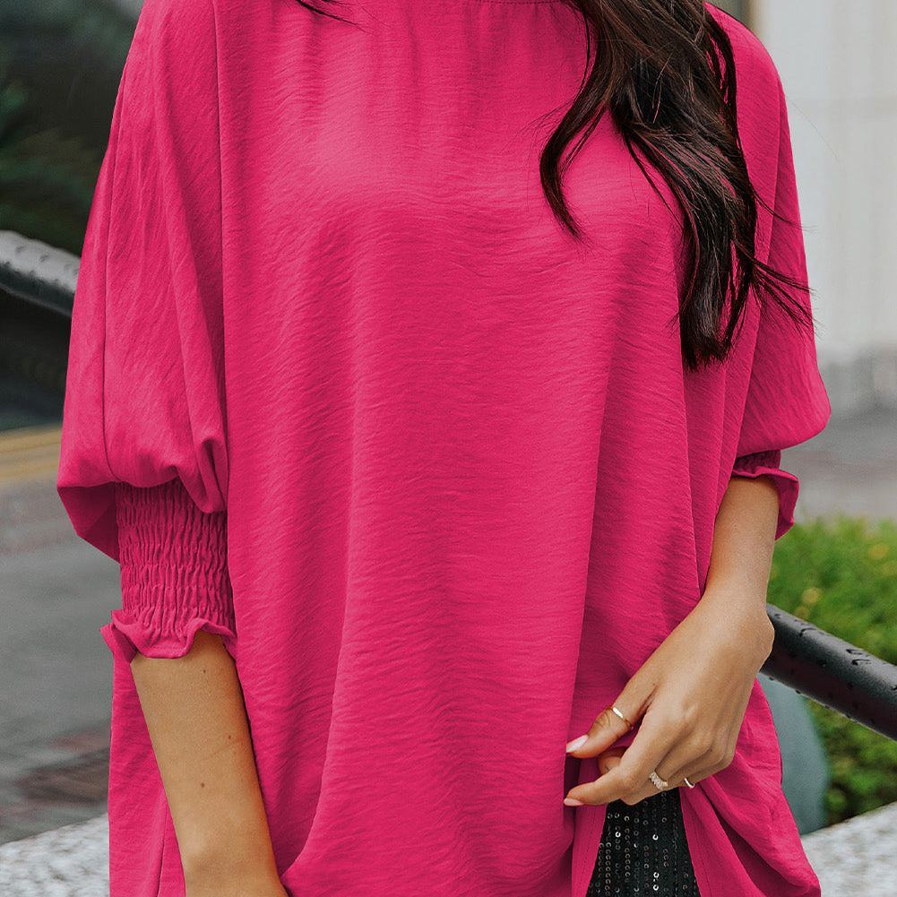 White Plain & Casual Shirred Cuffs Half Sleeve Top