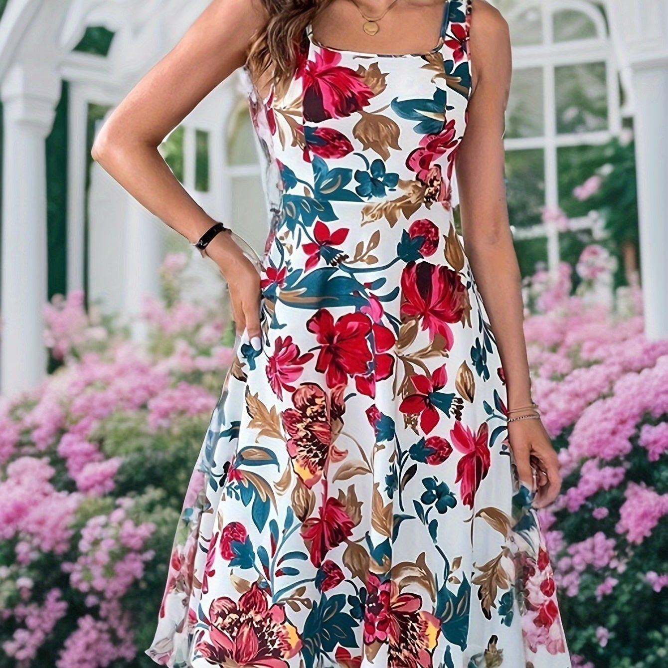 Floral Print Square Neck Tank Dress, Elegant Sleeveless Waist Dress, Women's Clothing