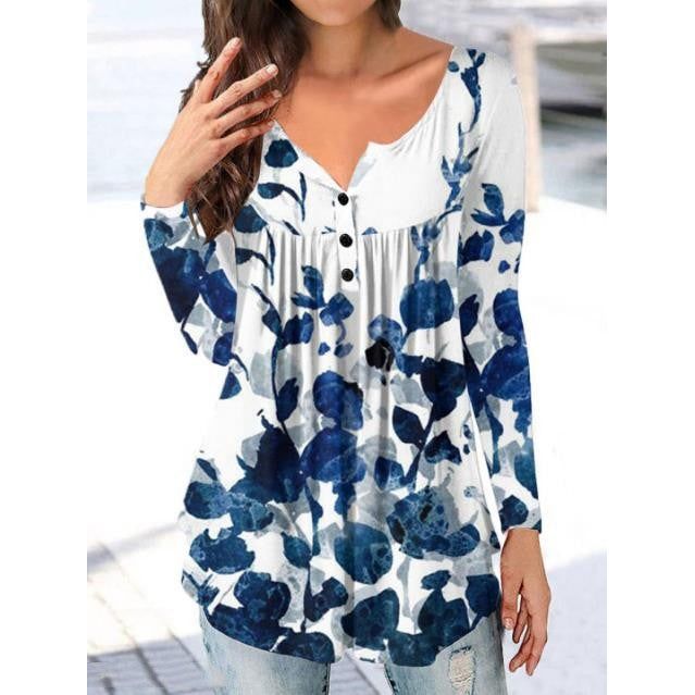 Loose Floral Print Half Open Button Top - Jointcorp