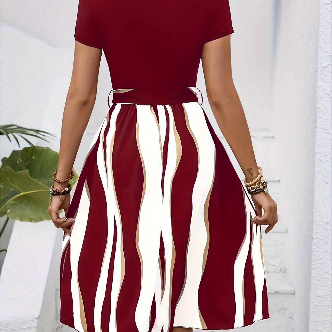 Striped Crew Neck Dress, Elegant Short Sleeve Belted A-line Dress For Spring & Summer, Women's Clothing