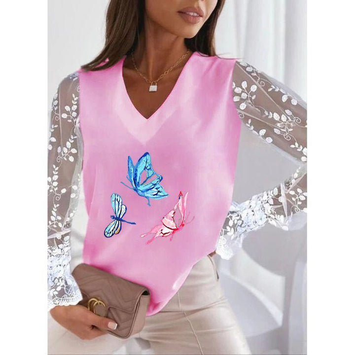 Dragonfly Printed V-neck Lace Sleeve Sun Protection Women's T-shirt Bottoming Shirt - Jointcorp