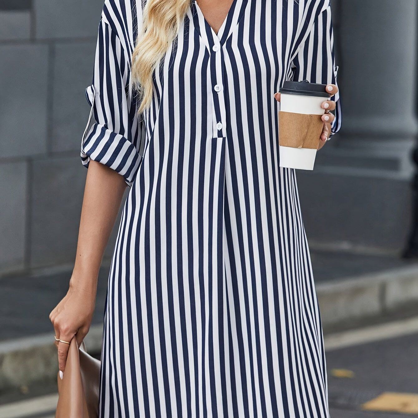 Striped Print Notched Neck Dress, Casual Long Sleeve Dress For Spring & Summer, Women's Clothing For Elegant Dressing