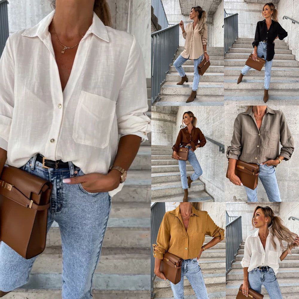 Women's Simple Solid Color Roll Sleeve V-Neck Button Lapel Shirt - Jointcorp