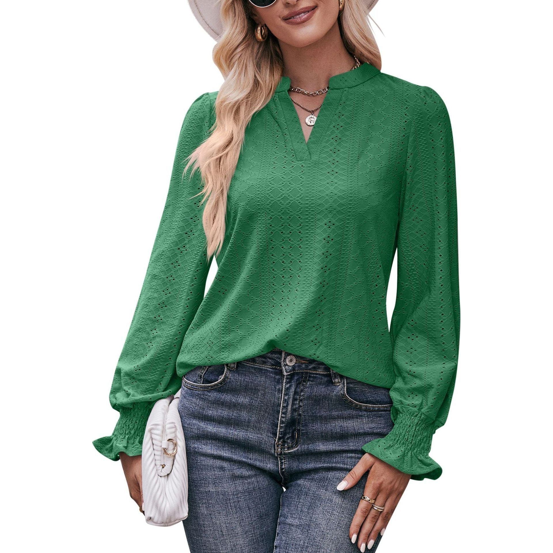 European And American Solid Color T-shirt Hole V-neck
