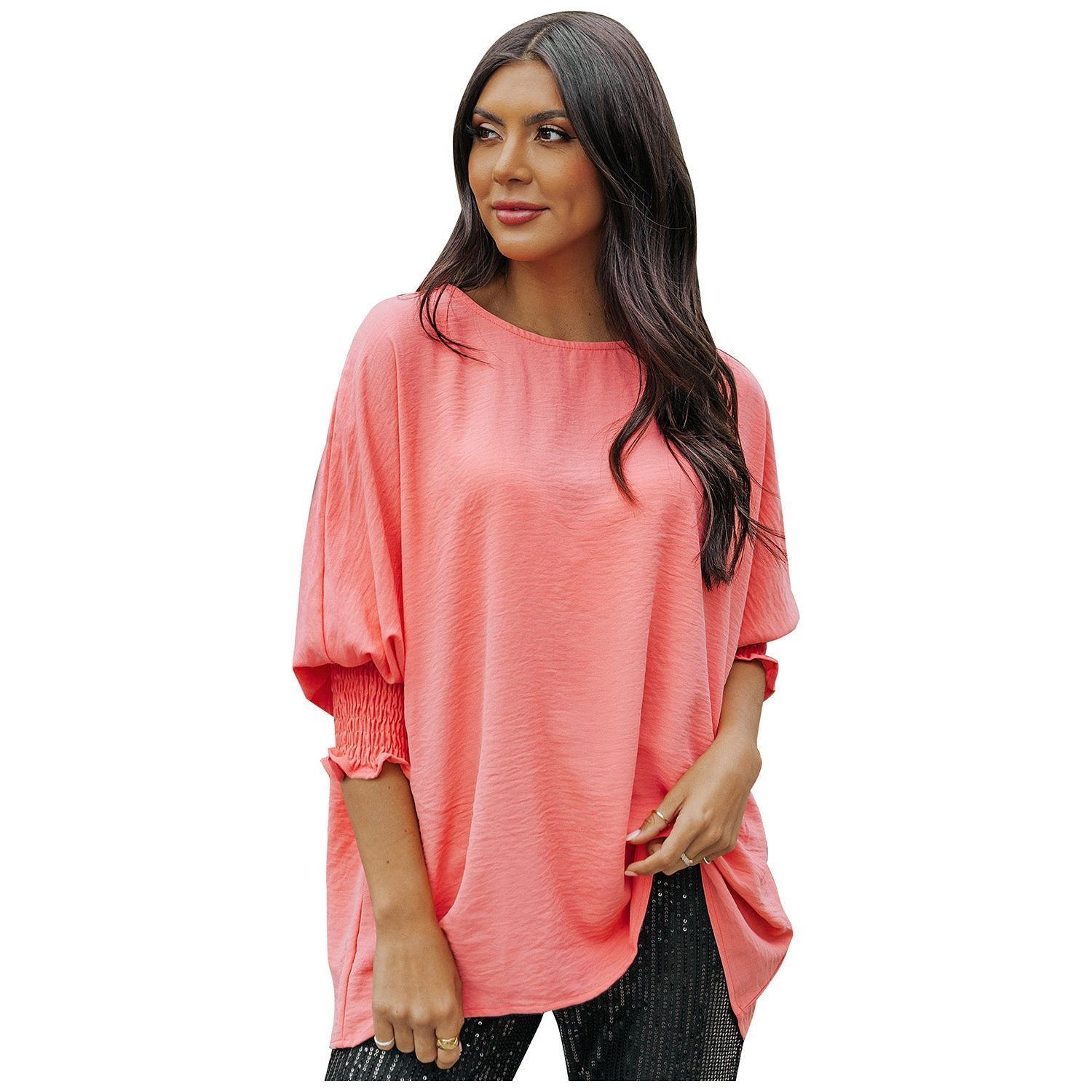 White Plain & Casual Shirred Cuffs Half Sleeve Top