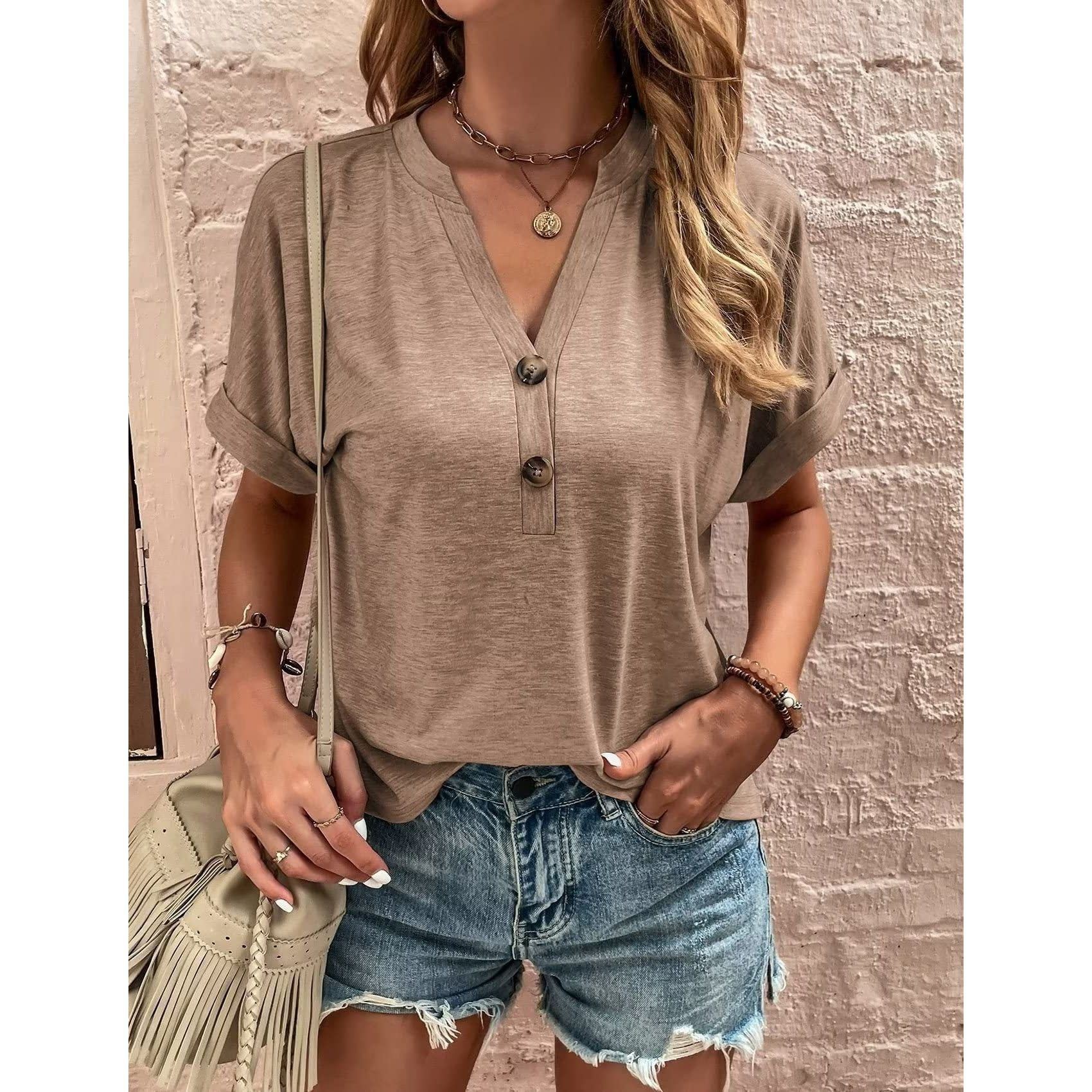 European And American Spring And Summer Solid Color Button Fashion T-shirt