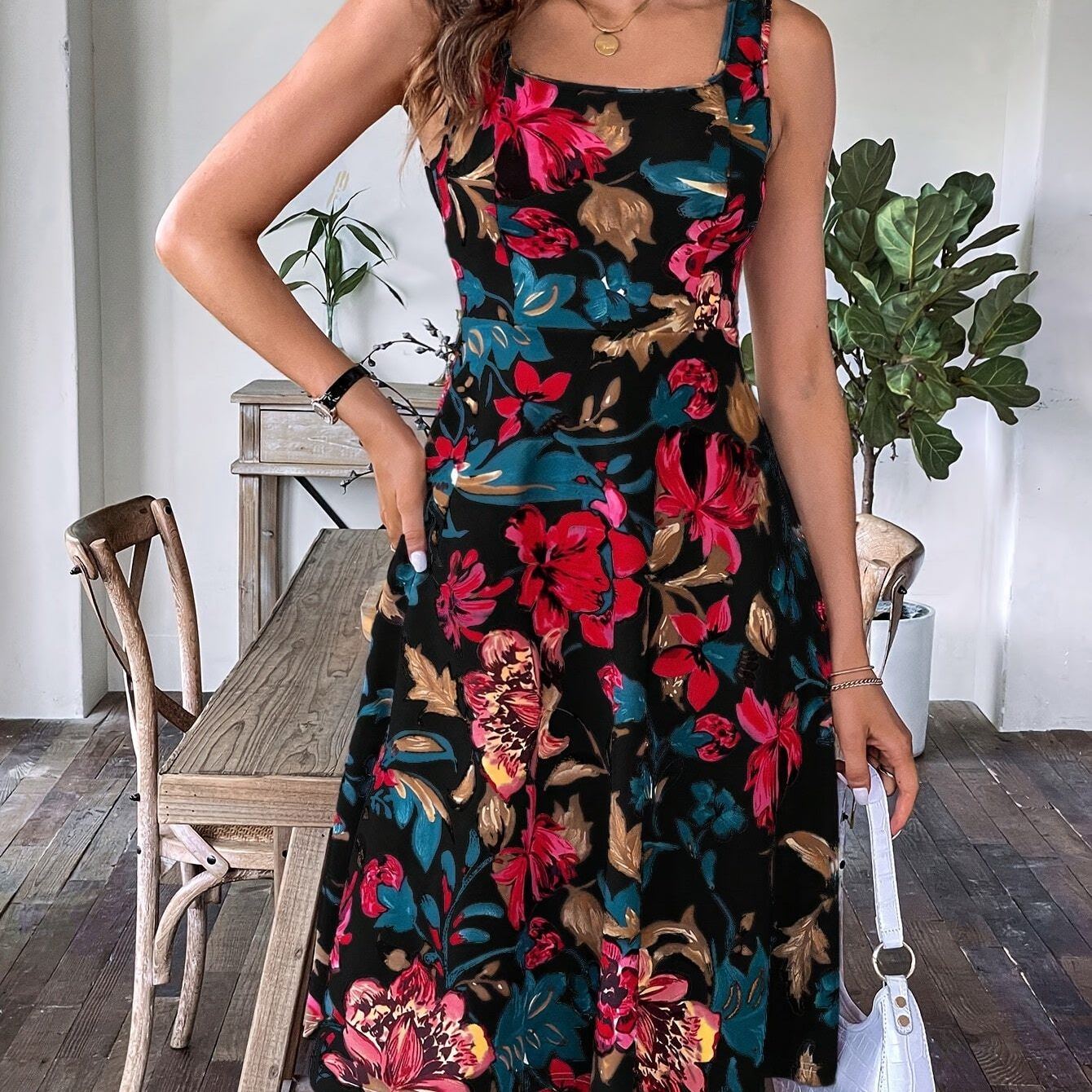 Floral Print Square Neck Tank Dress, Elegant Sleeveless Waist Dress, Women's Clothing