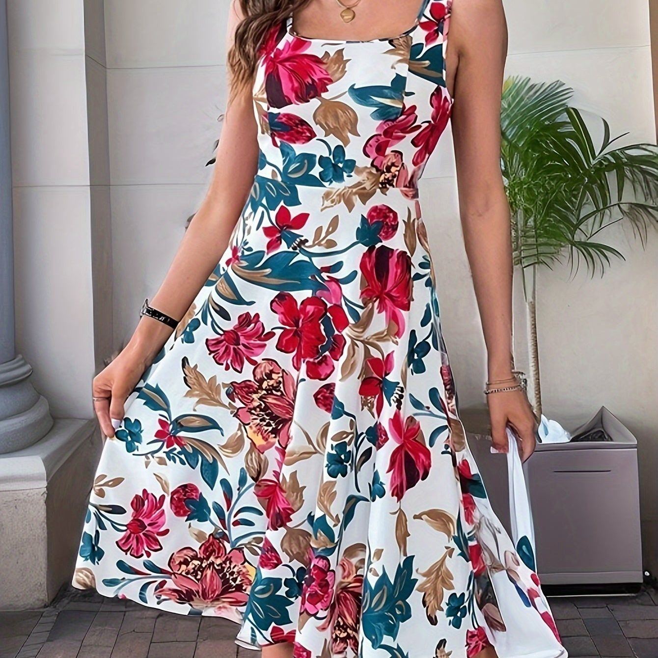 Floral Print Square Neck Tank Dress, Elegant Sleeveless Waist Dress, Women's Clothing