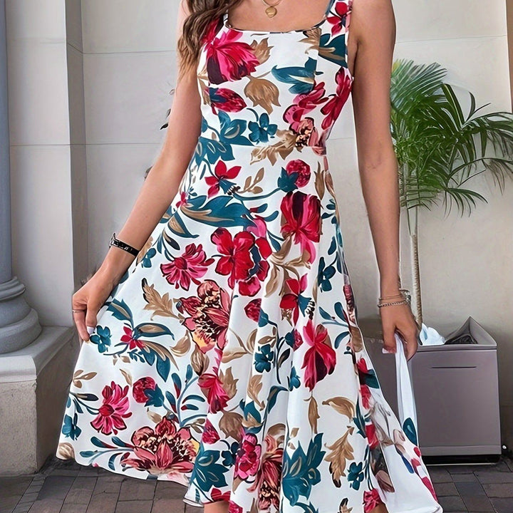 Floral Print Square Neck Tank Dress, Elegant Sleeveless Waist Dress, Women's Clothing
