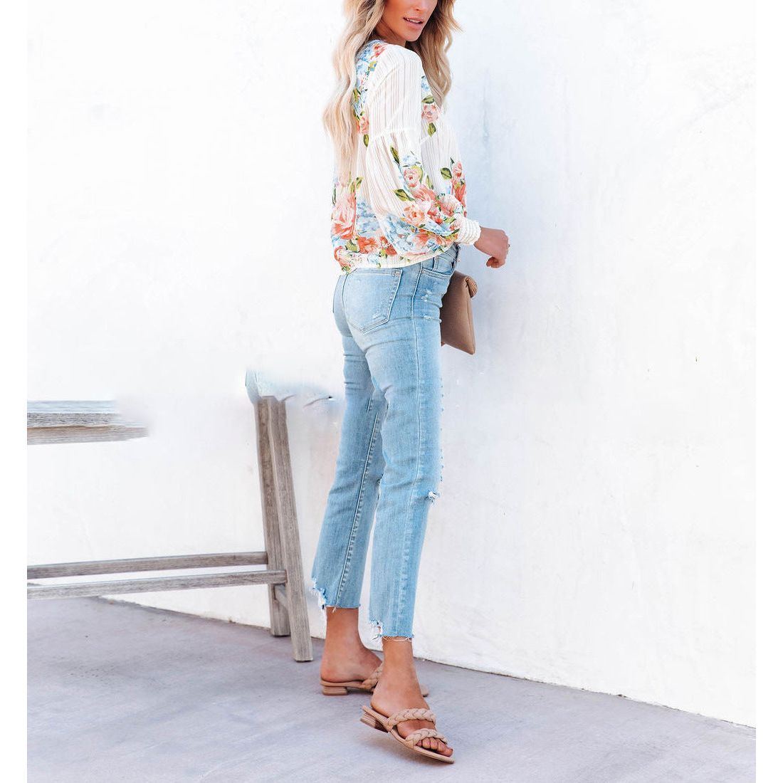 Spring Street Hipster Lantern Sleeve Positioning Flower Women's Round Neck Loose T-shirt