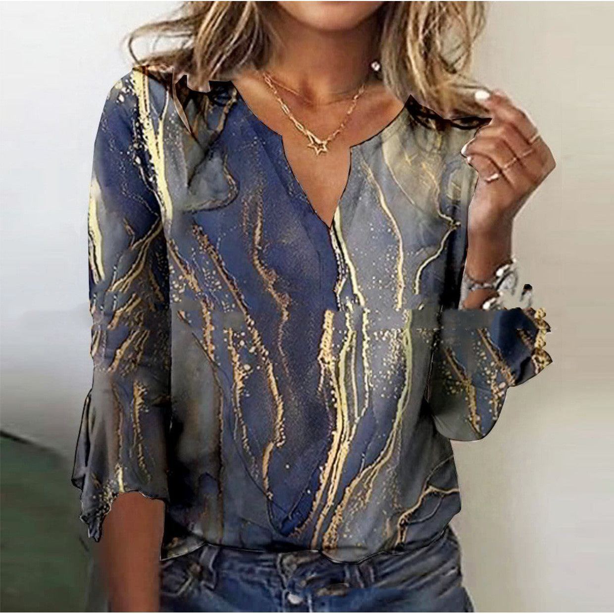 V Neck Printed Flare Sleeve T Shirt