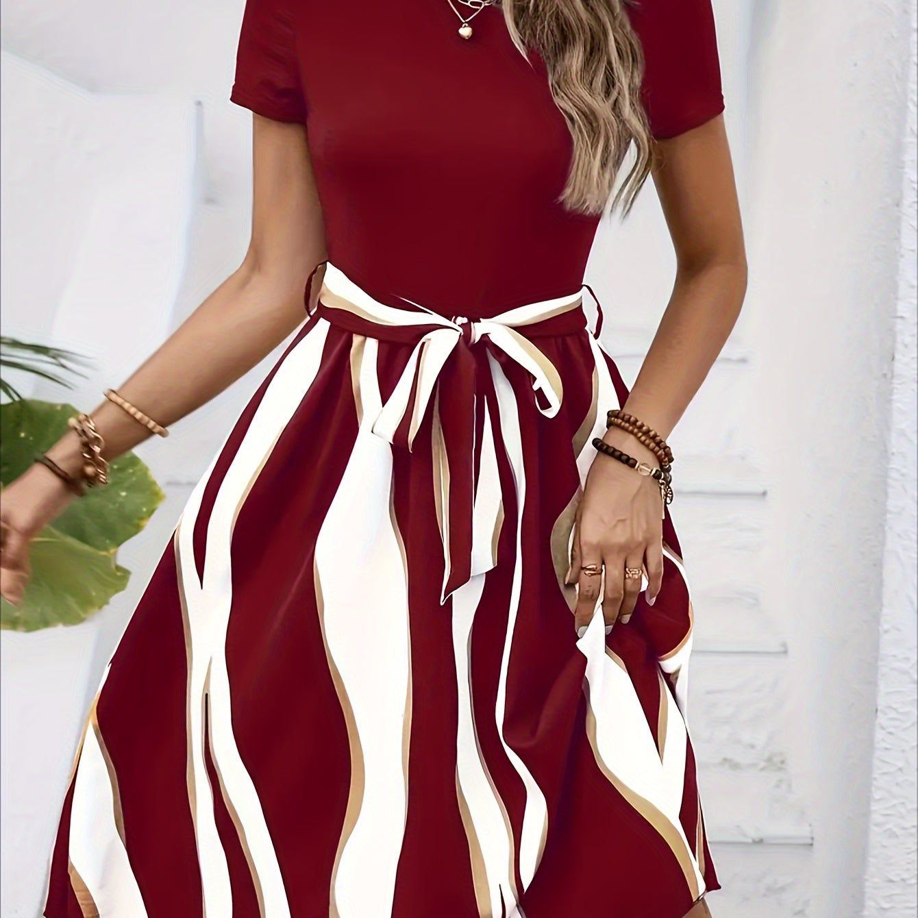 Striped Crew Neck Dress, Elegant Short Sleeve Belted A-line Dress For Spring & Summer, Women's Clothing