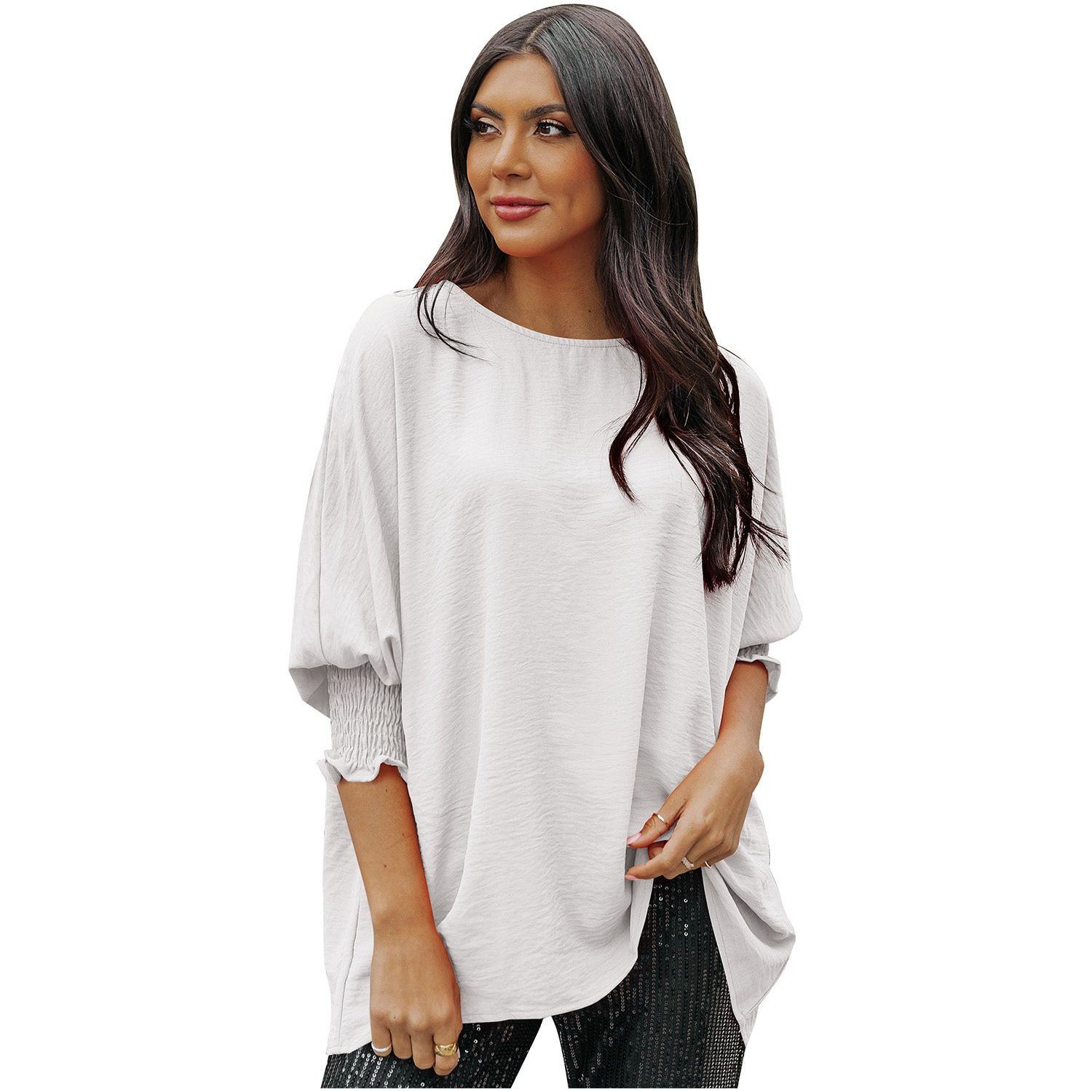 White Plain & Casual Shirred Cuffs Half Sleeve Top