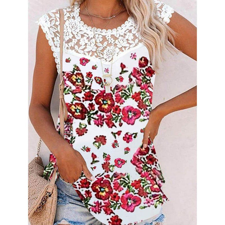 Summer Print Crew Neck Lace Trim Casual Loose Women's Tank Top - Jointcorp