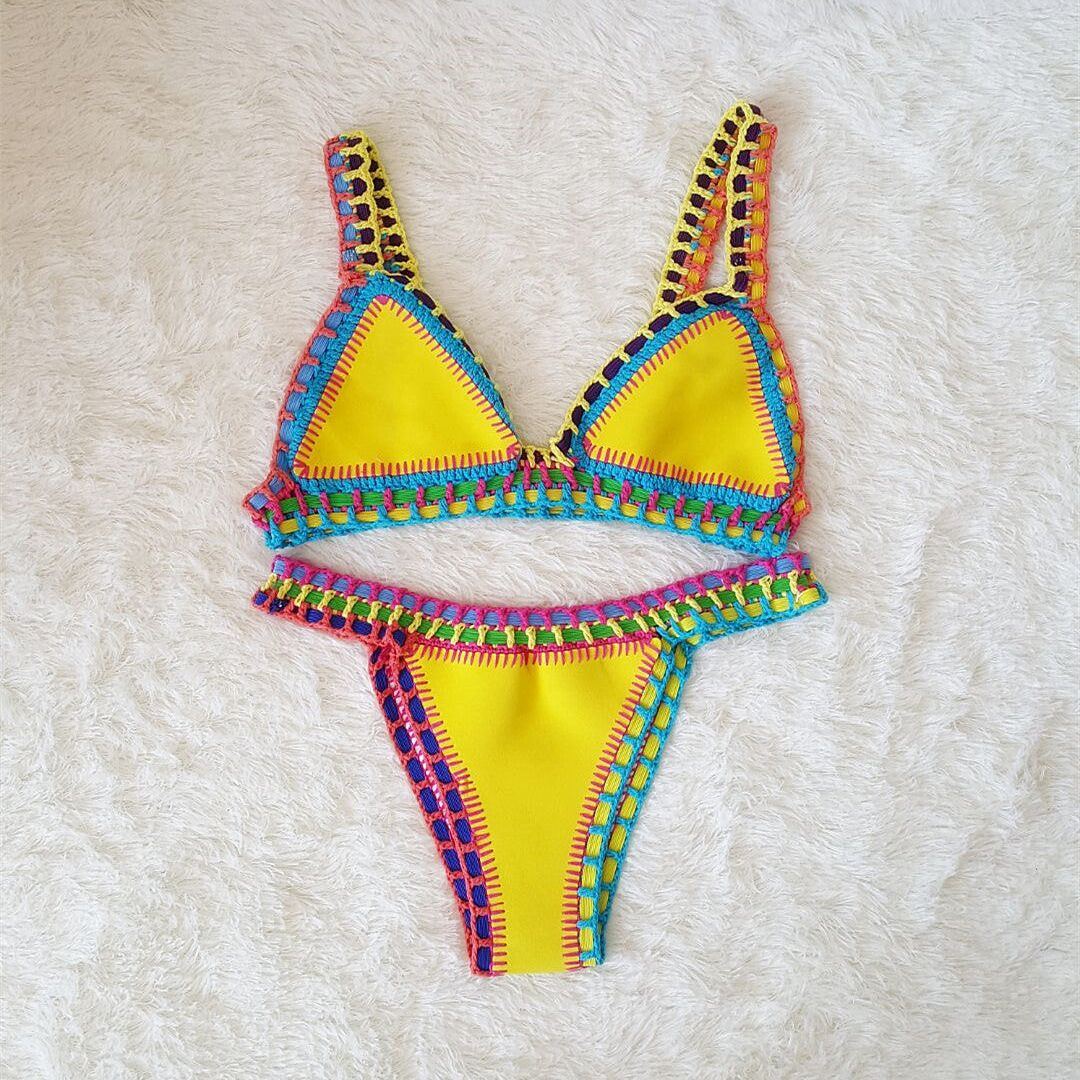 Europe And The United States Sexy Hand Crochet Colorful Bikini Set, Spell Color Rubber, Ladies Knitted Swimwear Wholesale