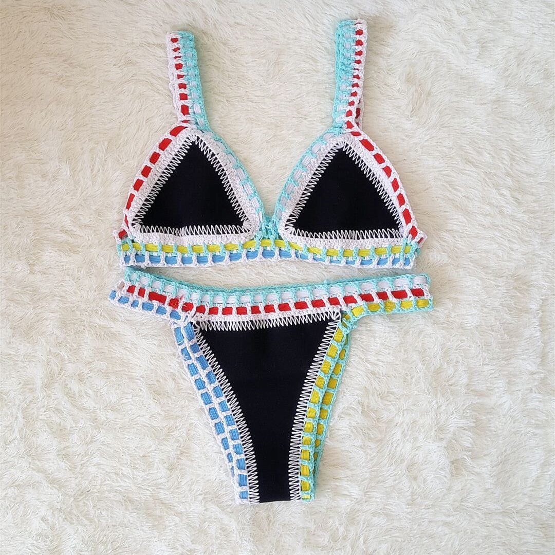 Europe And The United States Sexy Hand Crochet Colorful Bikini Set, Spell Color Rubber, Ladies Knitted Swimwear Wholesale