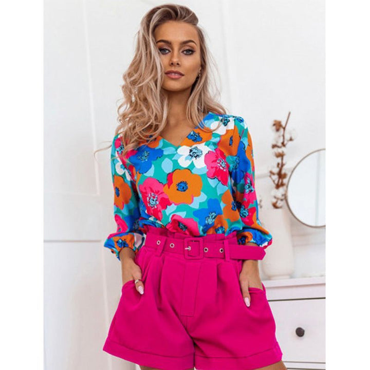 Women's V-neck Long-sleeved T-shirt Printed Top - Jointcorp