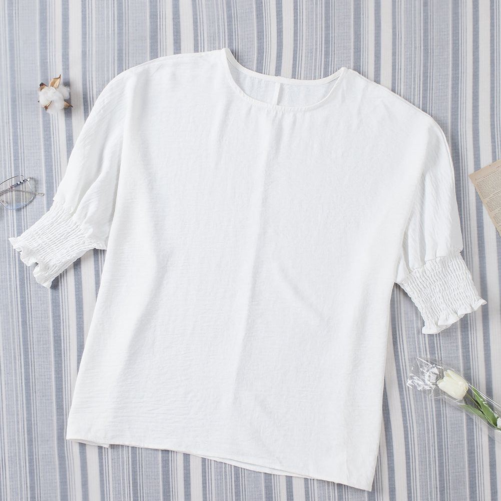 White Plain & Casual Shirred Cuffs Half Sleeve Top