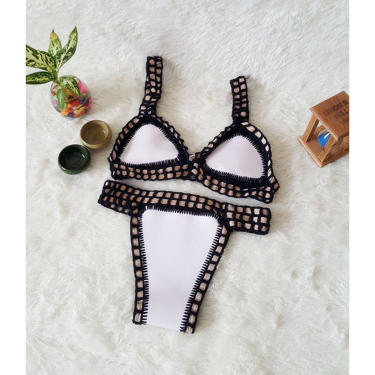 Europe And The United States Sexy Hand Crochet Colorful Bikini Set, Spell Color Rubber, Ladies Knitted Swimwear Wholesale