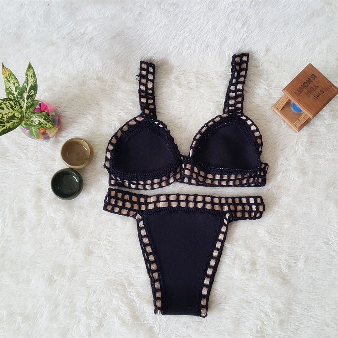 Europe And The United States Sexy Hand Crochet Colorful Bikini Set, Spell Color Rubber, Ladies Knitted Swimwear Wholesale