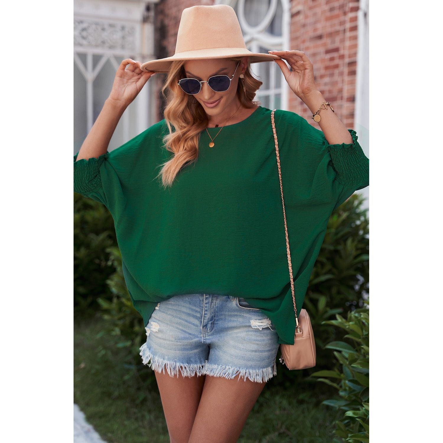 White Plain & Casual Shirred Cuffs Half Sleeve Top