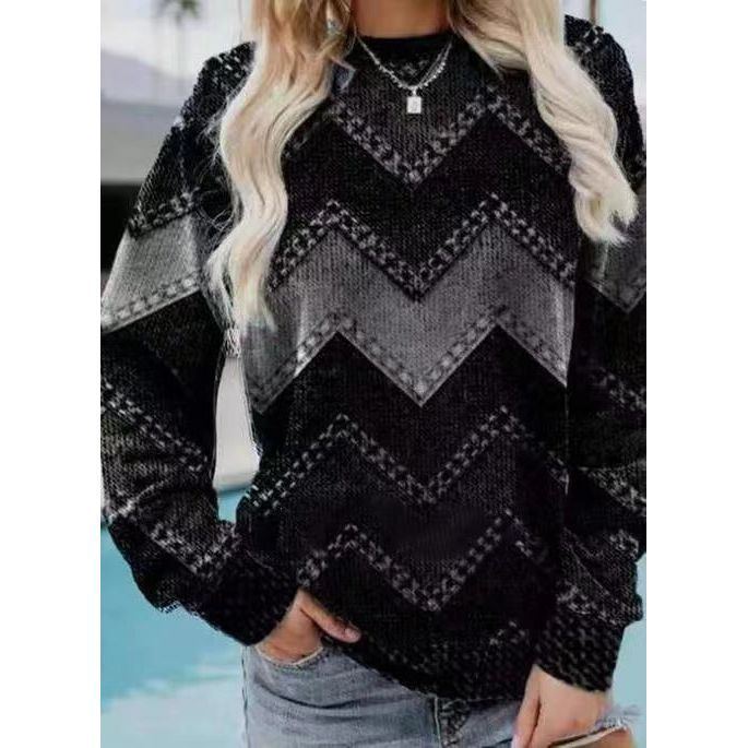 Color Block Denim Printing Casual Long-sleeved Geometric Sweater For Women