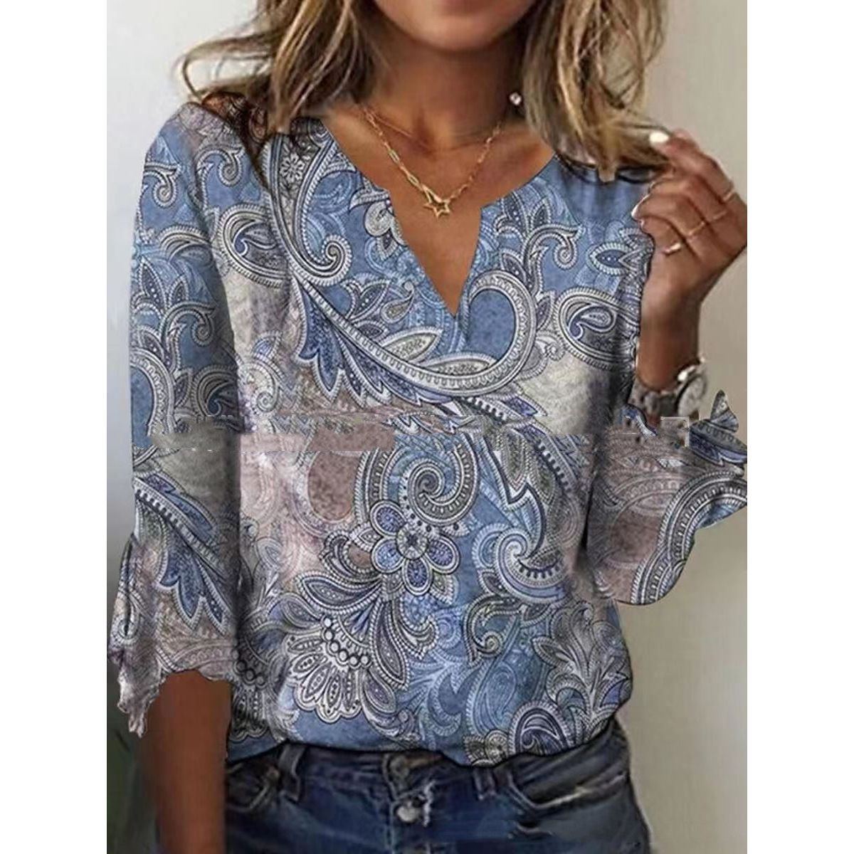 V Neck Printed Flare Sleeve T Shirt