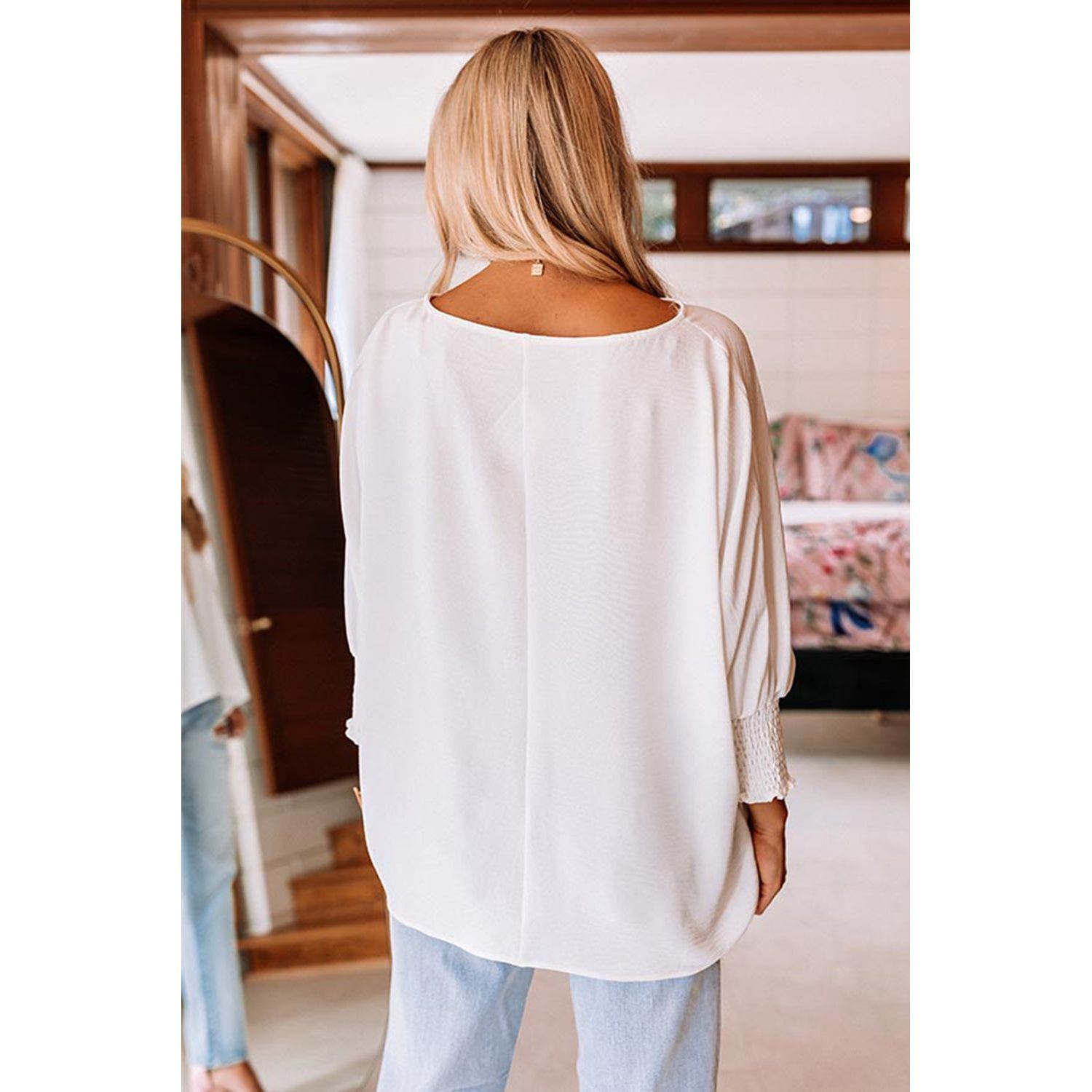 White Plain & Casual Shirred Cuffs Half Sleeve Top