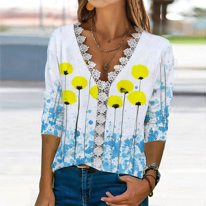 Loose And Comfortable Casual Lace V-neck Printed Women's T-shirt - Jointcorp
