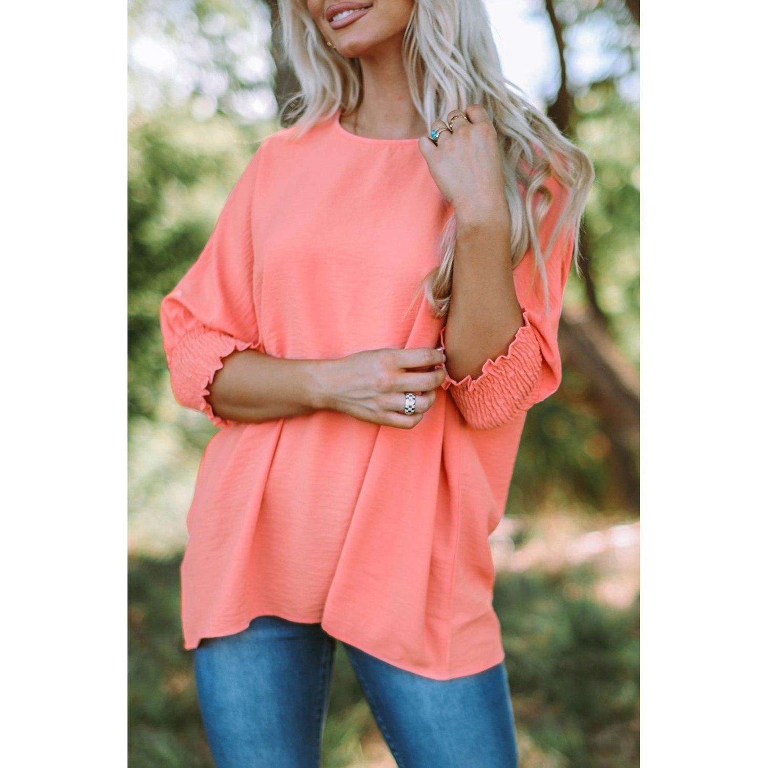White Plain & Casual Shirred Cuffs Half Sleeve Top
