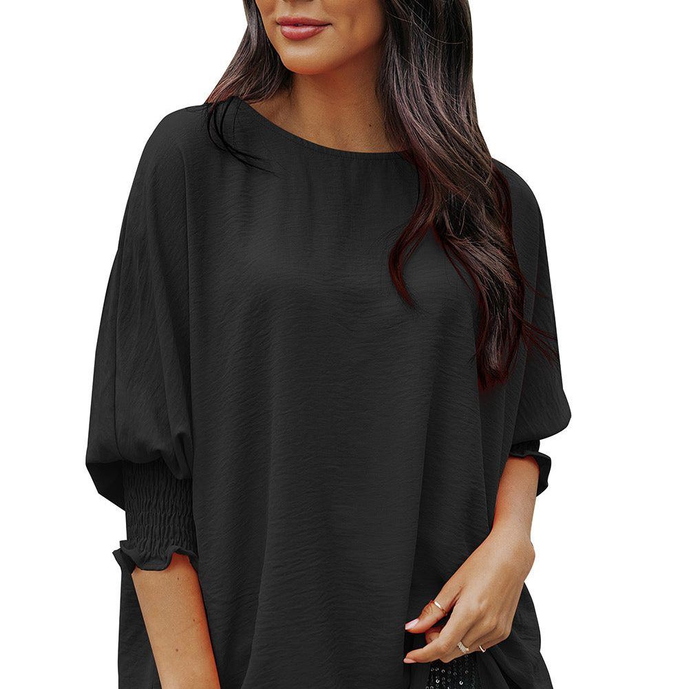 White Plain & Casual Shirred Cuffs Half Sleeve Top