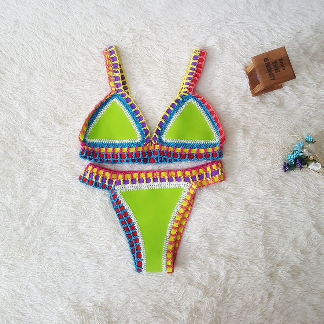 Europe And The United States Sexy Hand Crochet Colorful Bikini Set, Spell Color Rubber, Ladies Knitted Swimwear Wholesale
