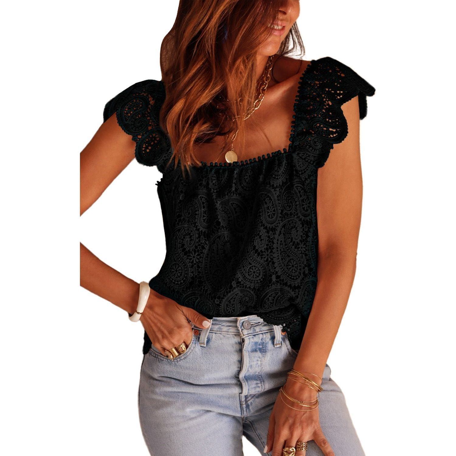 Summer New Animated Hollow Lace Crochet Ruffled Square Collar Vest For Women