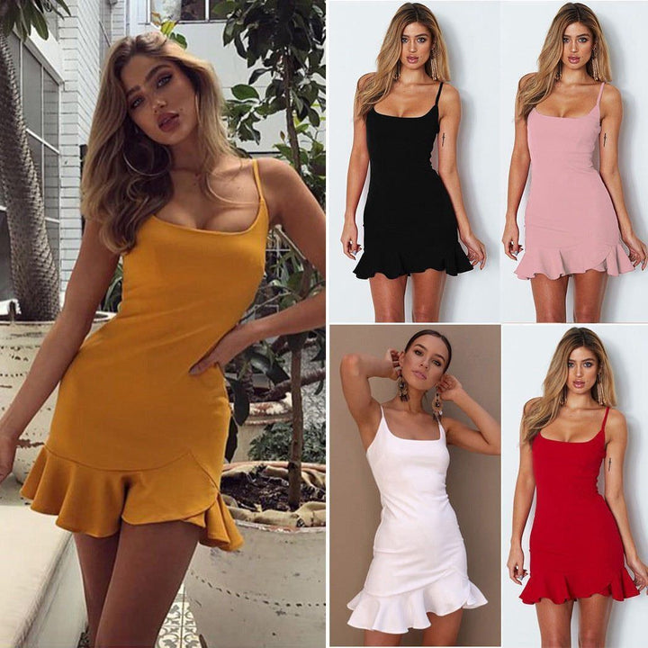 New Ruffles Trumpet Dress Women Sleeveless Spaghetti Strap Slim Summer Dress Party Short Dresses Vestidos - Jointcorp