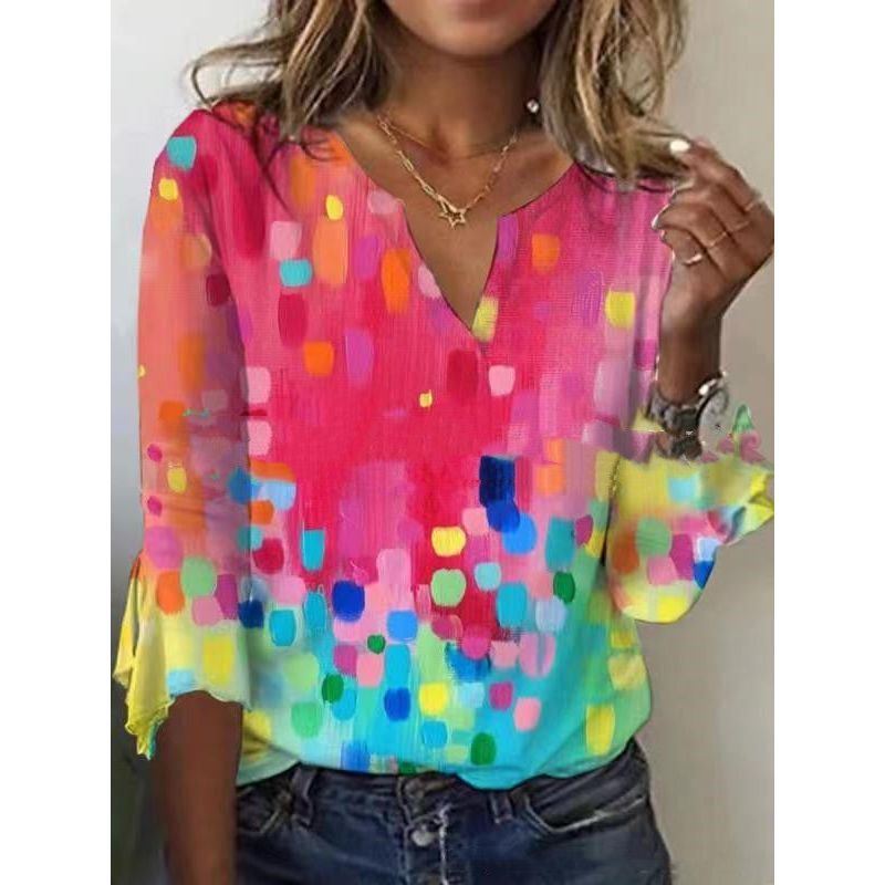 V Neck Printed Flare Sleeve T Shirt