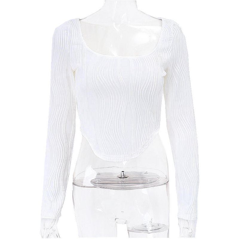 Sexy U Neckline Spice Girl Fishbone Bundle Lumbar Muscle Short Temperament Slim Long Sleeve Top T-shirt Woman