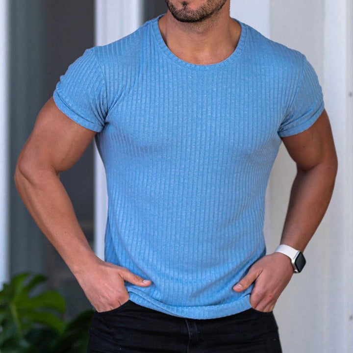 Men's Summer Sports Fitness Casual Stand Collar Elastic Vertical Bar Round Neck Short Sleeve T-shirt - Jointcorp