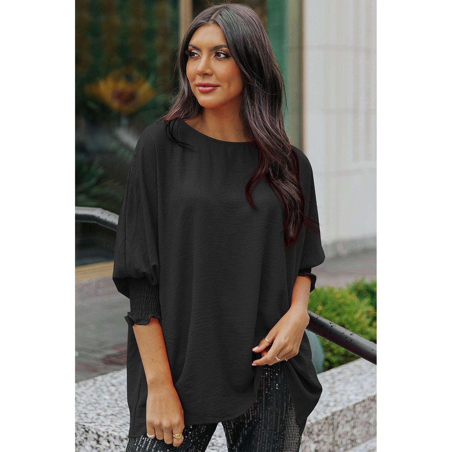 White Plain & Casual Shirred Cuffs Half Sleeve Top