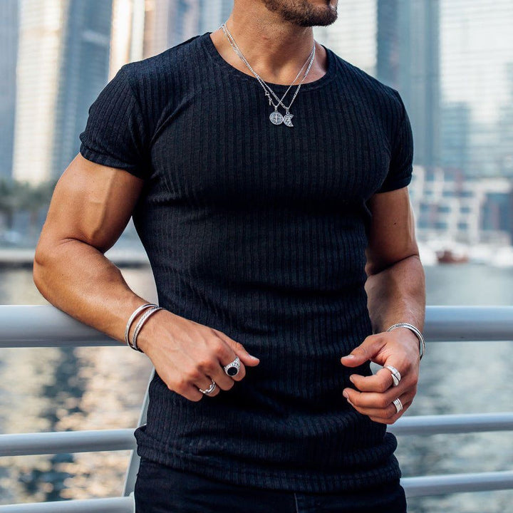 Men's Summer Sports Fitness Casual Stand Collar Elastic Vertical Bar Round Neck Short Sleeve T-shirt - Jointcorp