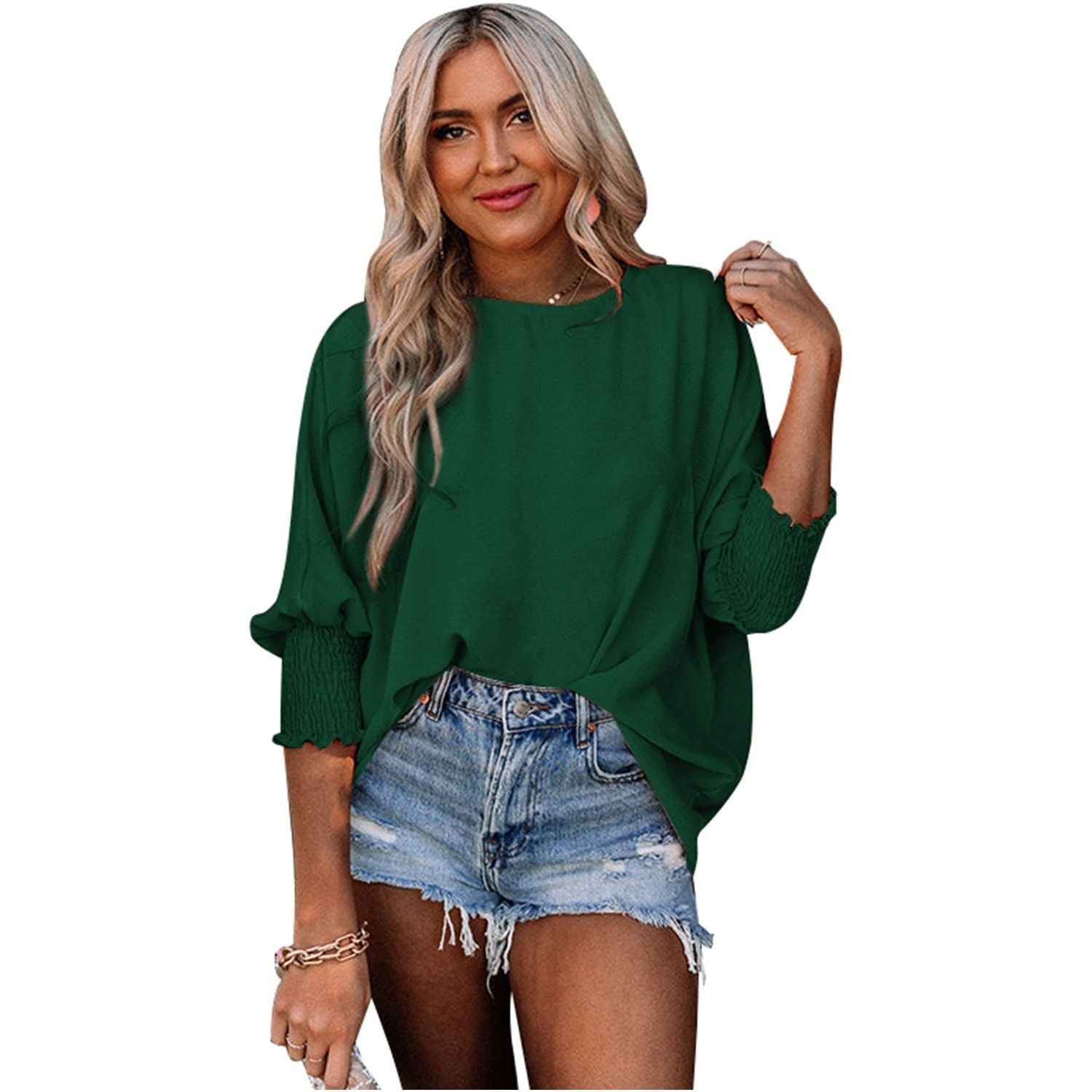 White Plain & Casual Shirred Cuffs Half Sleeve Top