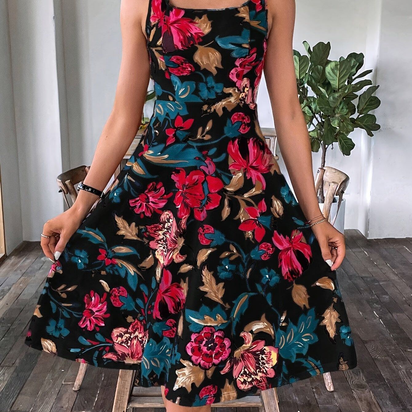 Floral Print Square Neck Tank Dress, Elegant Sleeveless Waist Dress, Women's Clothing
