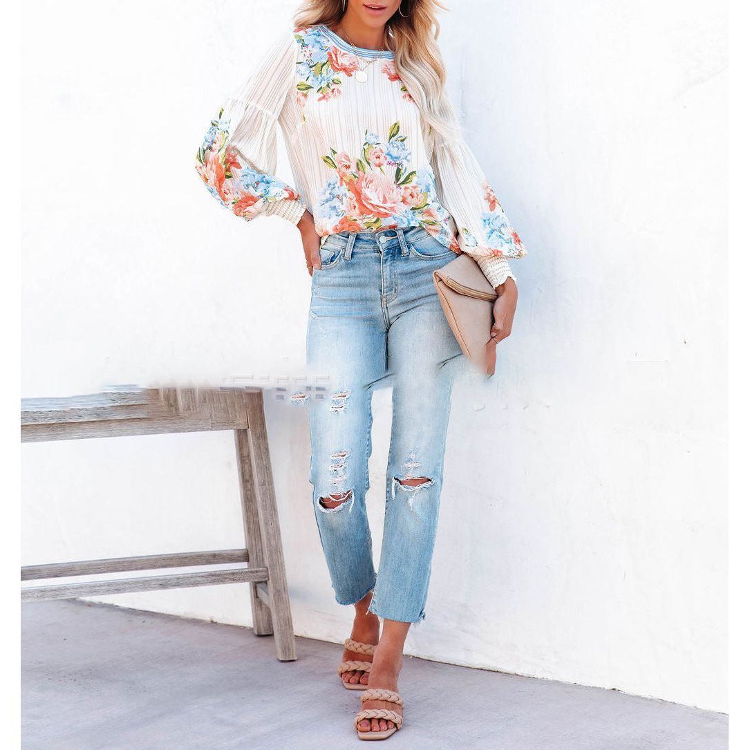 Spring Street Hipster Lantern Sleeve Positioning Flower Women's Round Neck Loose T-shirt