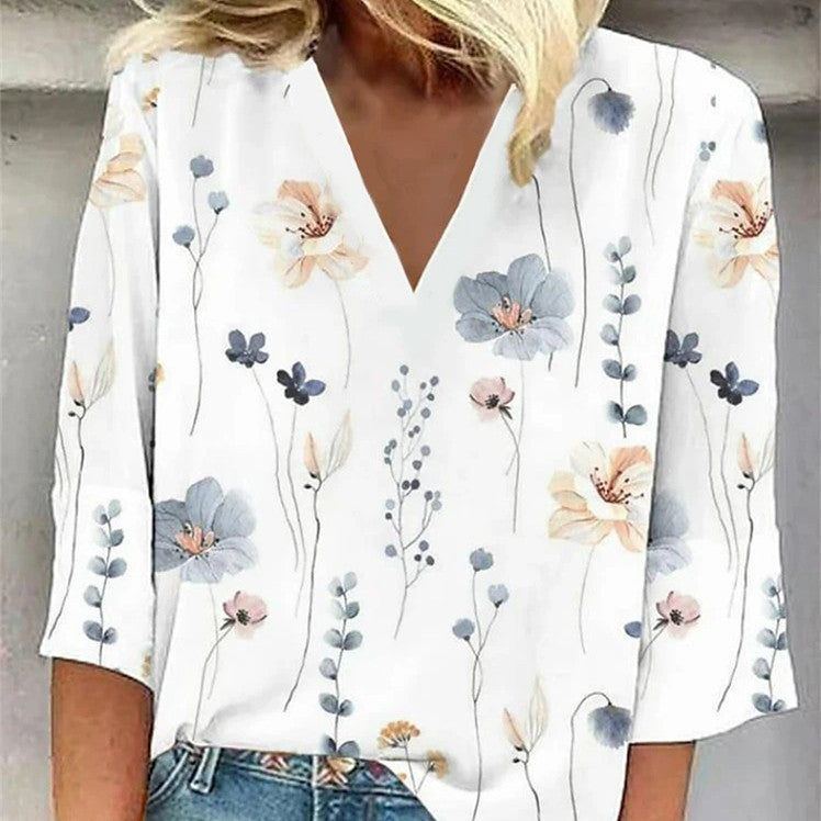 Casual Printed Loose V-neck Women's Top