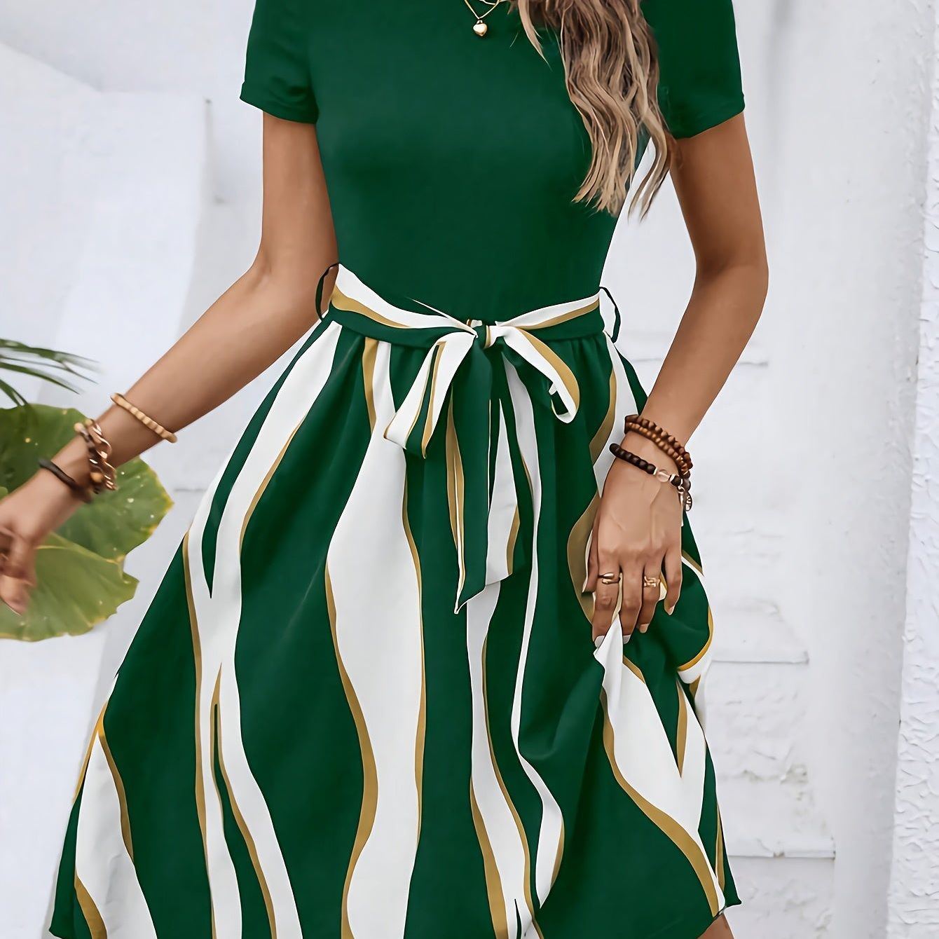 Striped Crew Neck Dress, Elegant Short Sleeve Belted A-line Dress For Spring & Summer, Women's Clothing