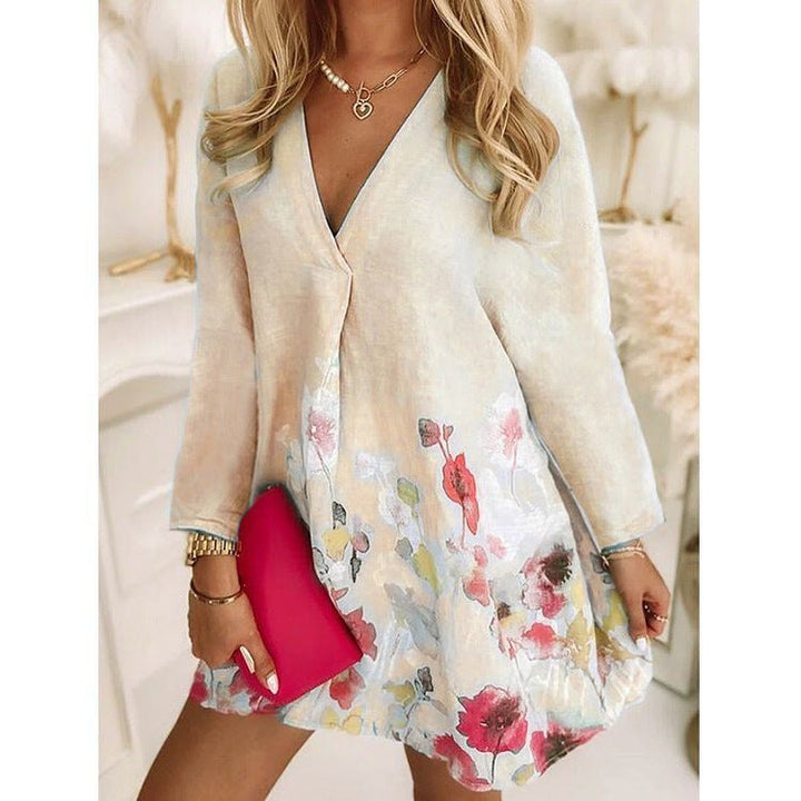 V-neck Loose Print Long-sleeved Dress - Jointcorp